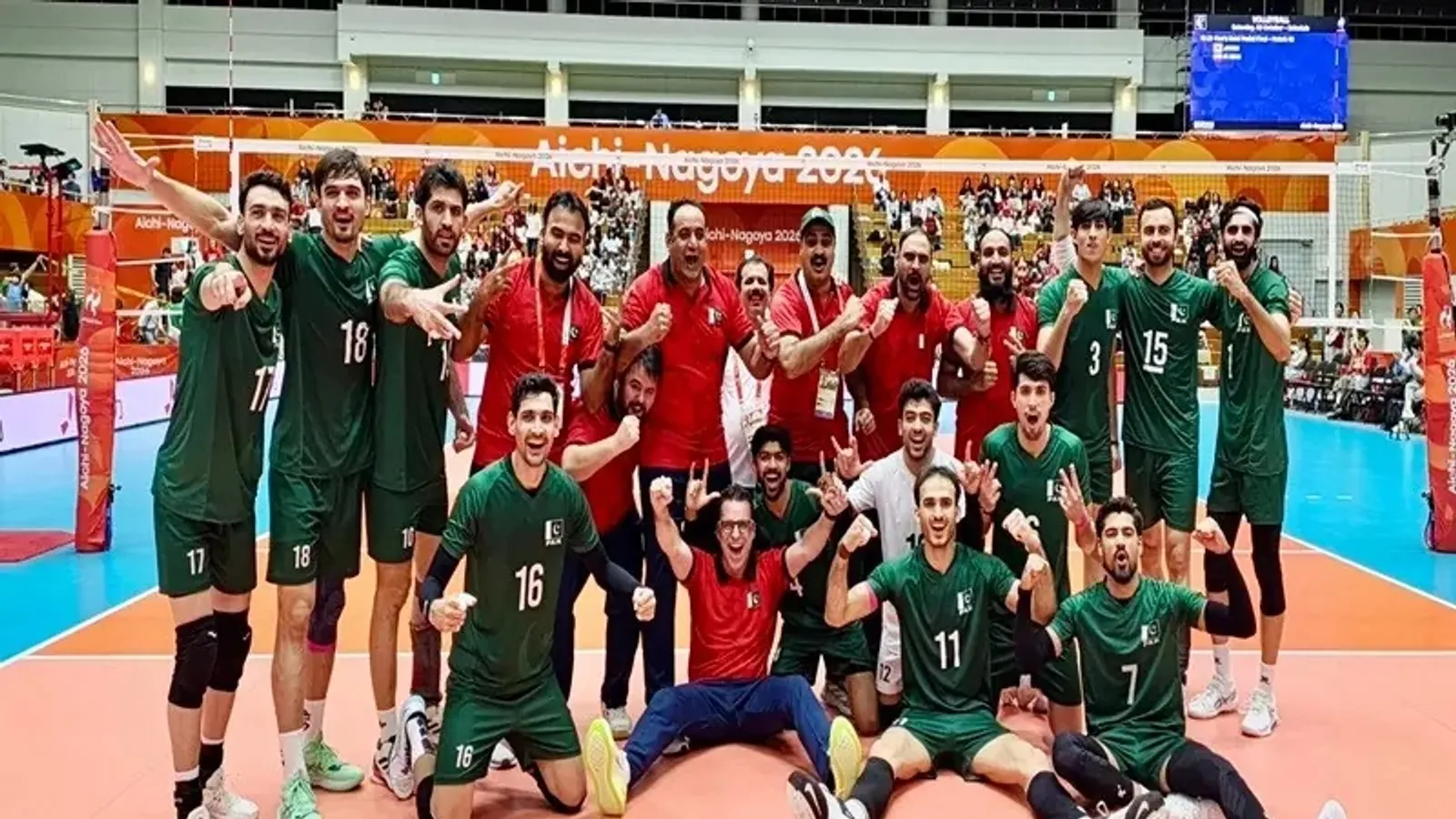 Pakistan's volleyball team celebrate their Asian Games bronze medal win over China