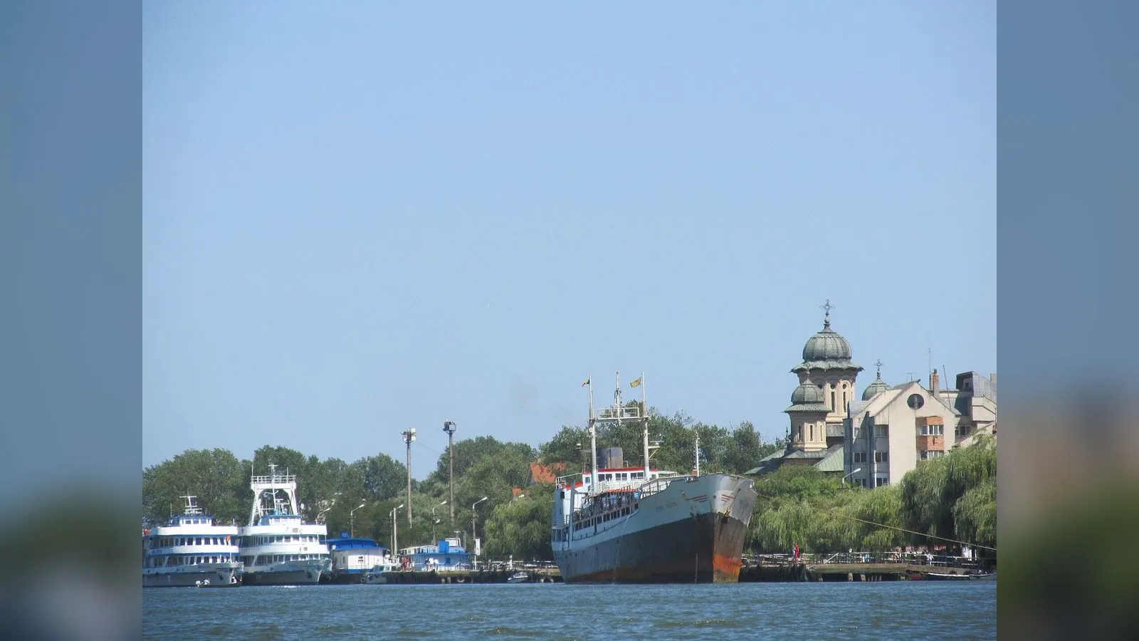 Ships moored on the Danube at the Romanian port of Sulina