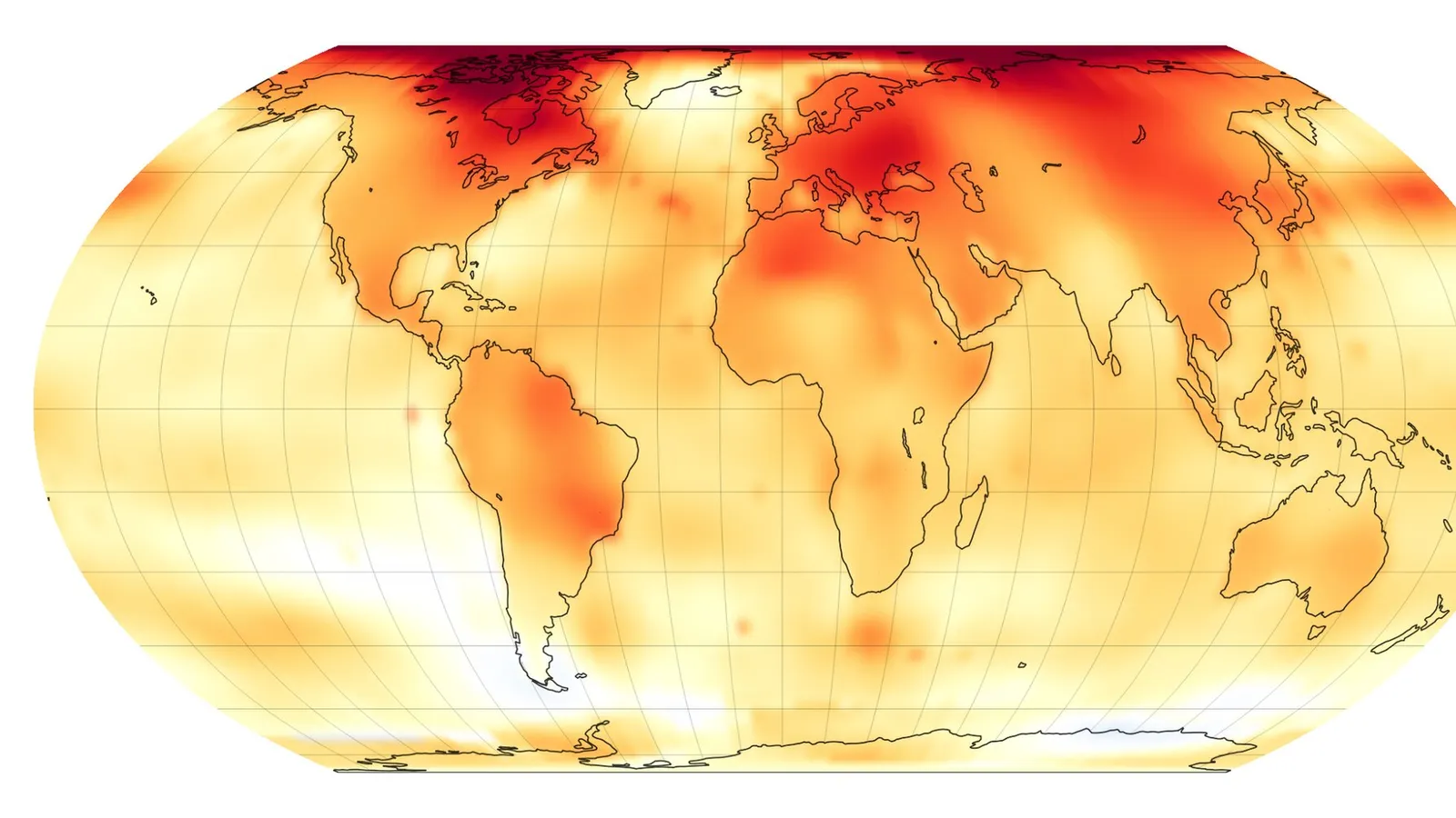 World map showing above-average temperatures in shades of orange and red