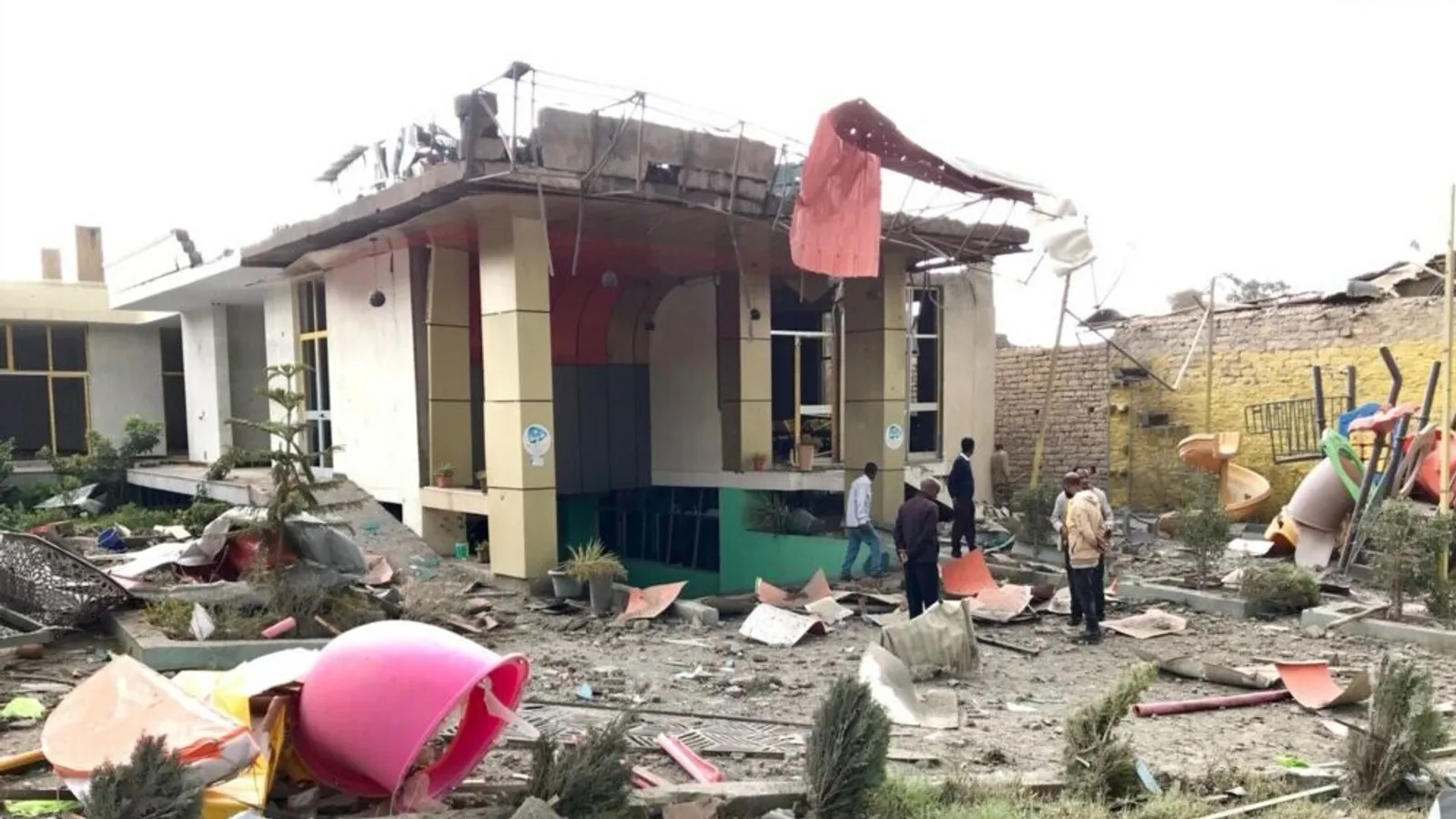 Damaged buildings and debris in Mekelle, Tigray, after an air strike