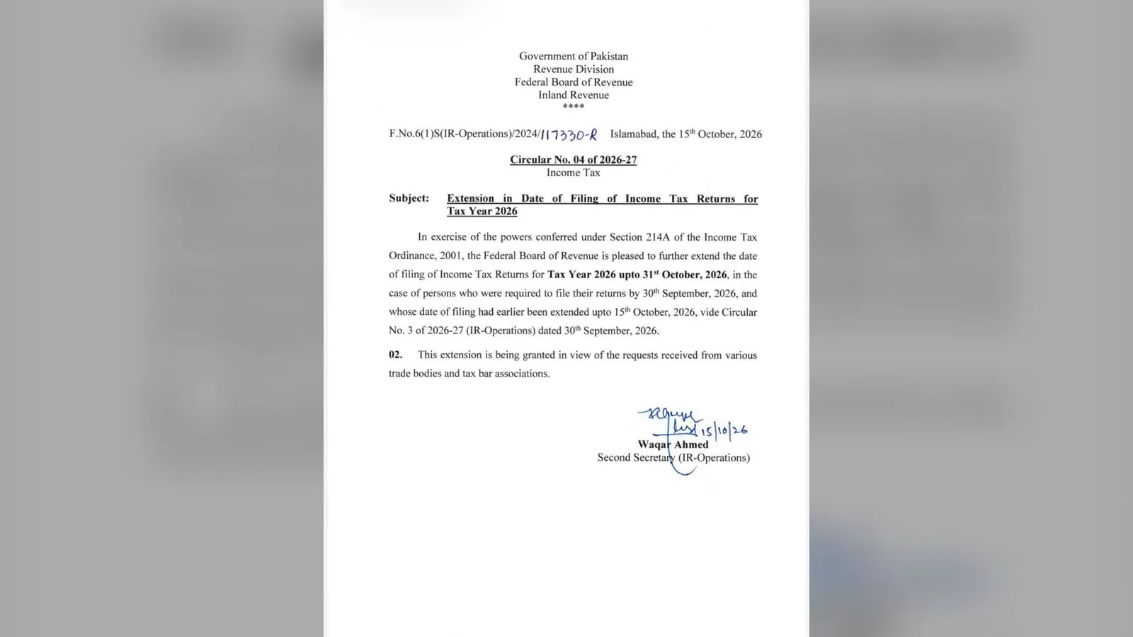 The FBR notification extending the income tax return deadline