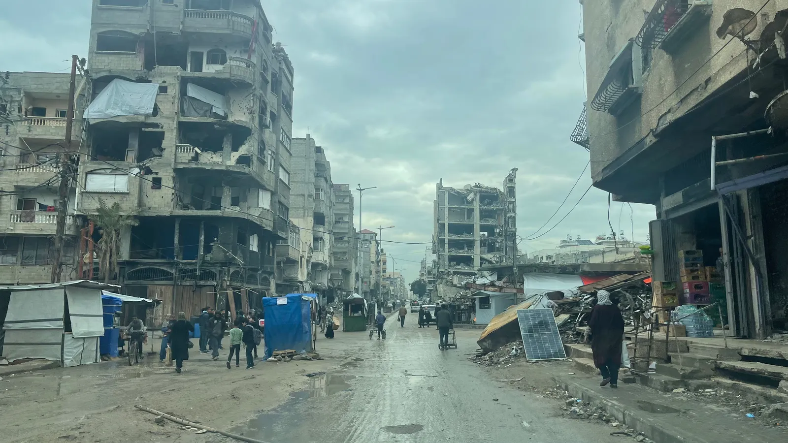 A street in central Gaza City lined with buildings destroyed by Israeli bombing