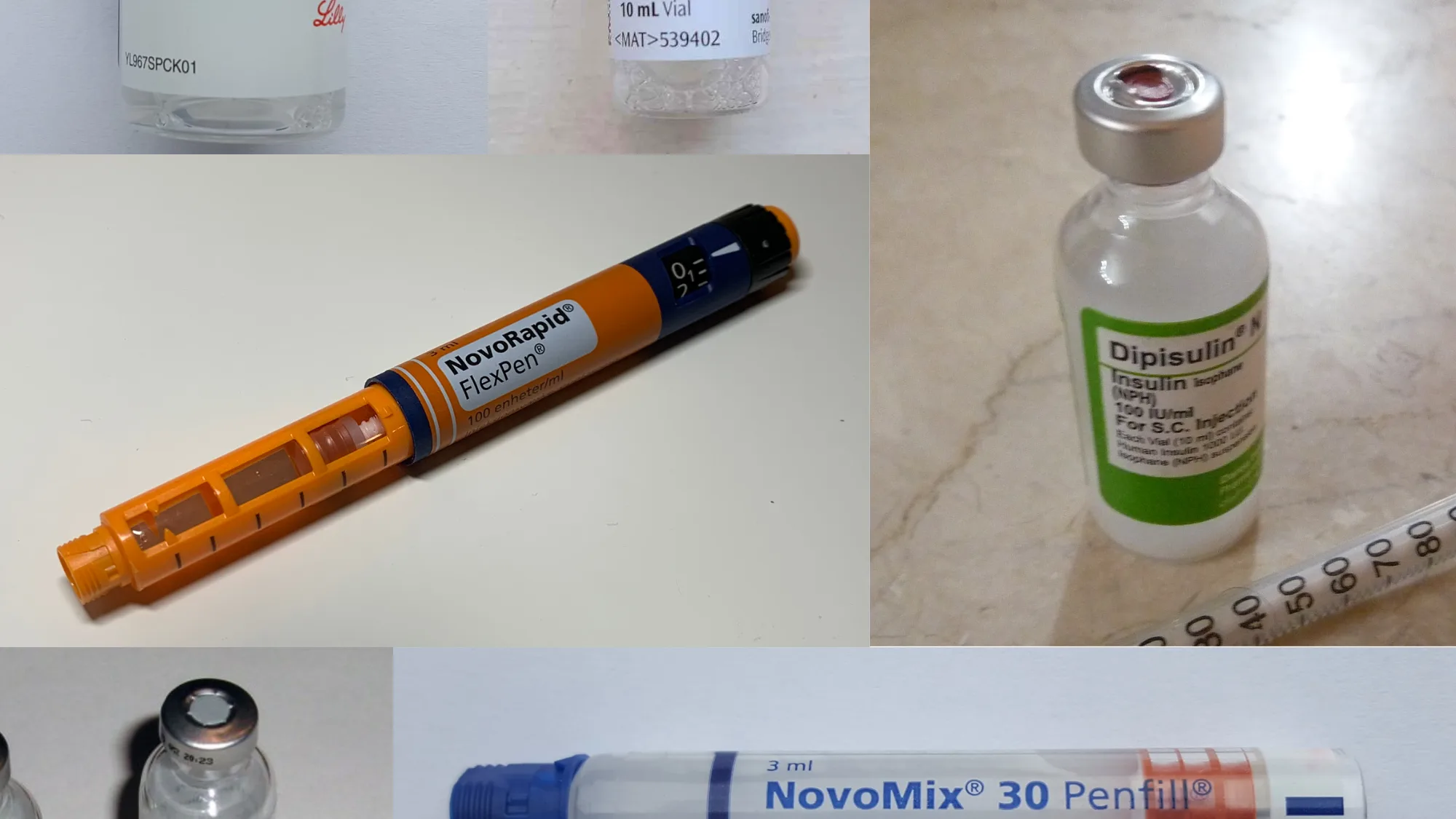 Insulin vials, pens and a box of Apidra