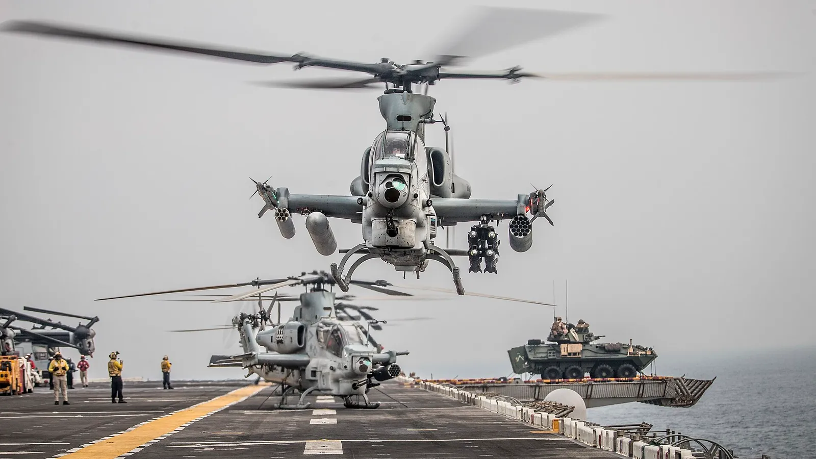 US Marine Corps attack helicopters on the deck of a warship in the Strait of Hormuz