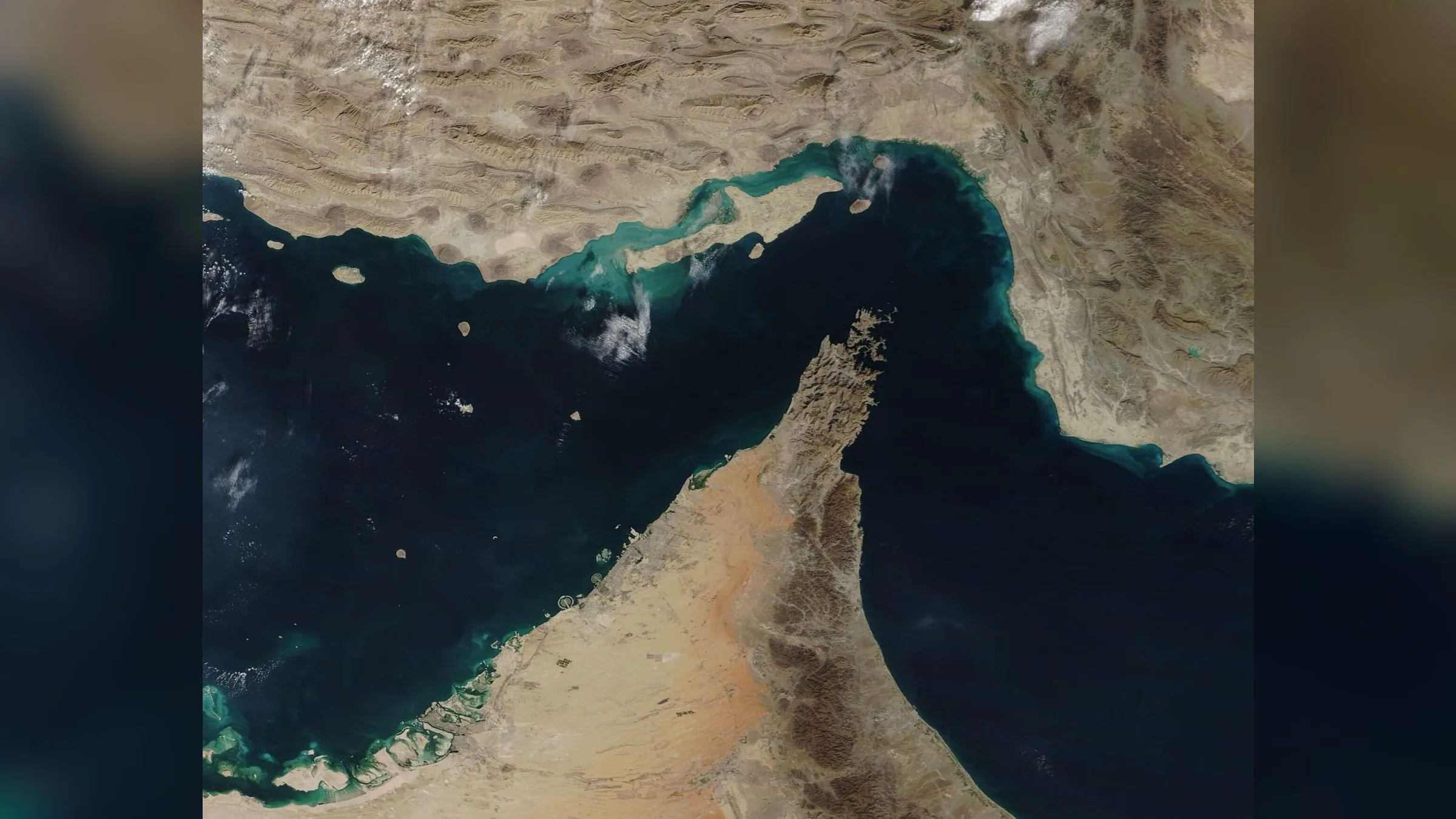 Satellite view of the Strait of Hormuz between Iran and the Musandam Peninsula