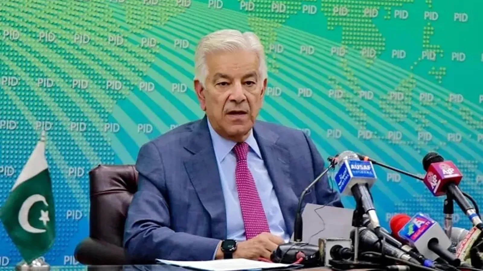 Defence Minister Khawaja Asif speaking at a press conference in Islamabad