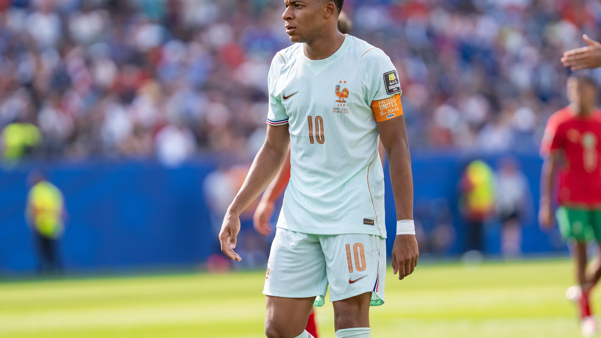 Kylian Mbappe in France's white away kit