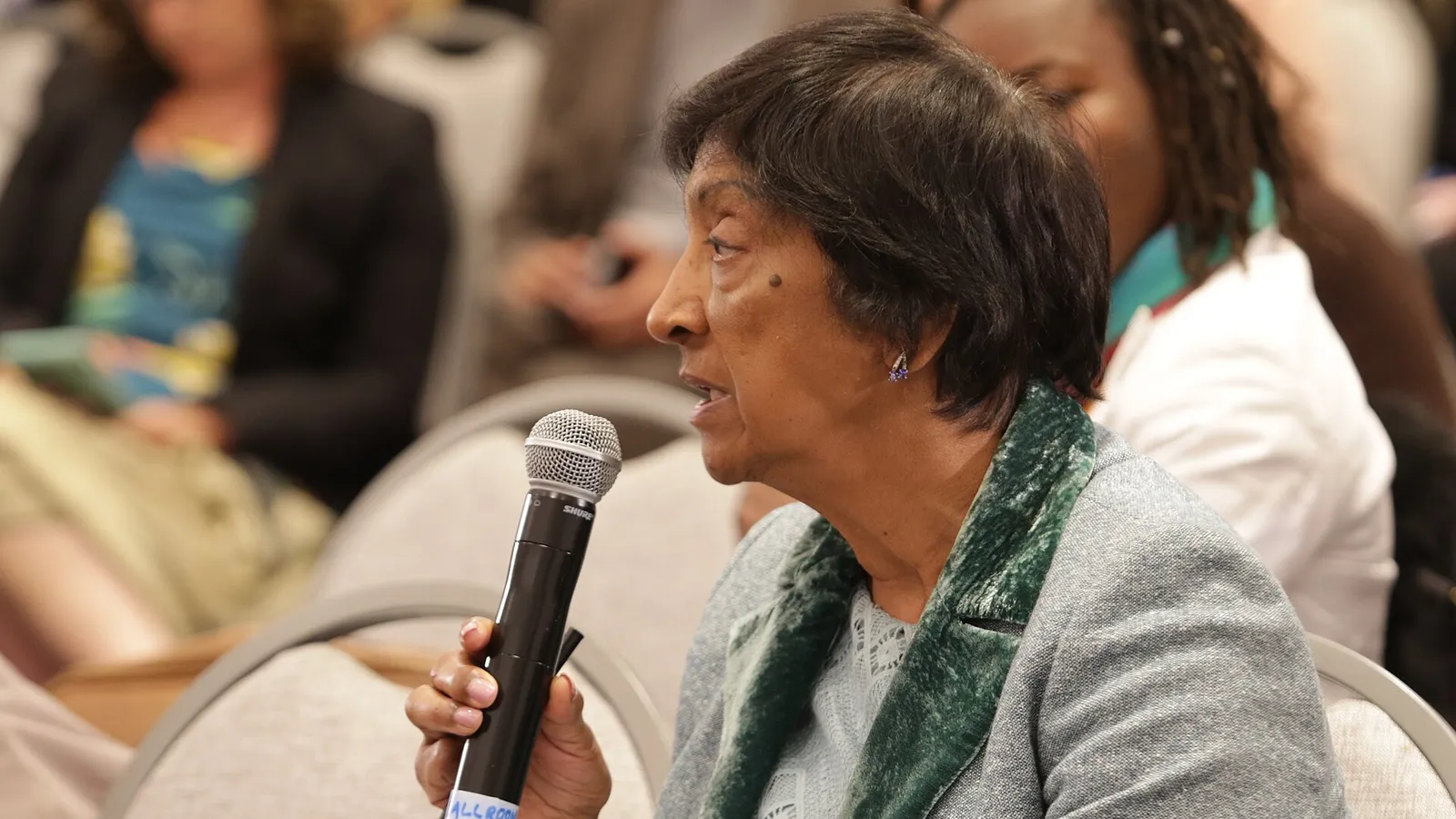 Navi Pillay speaks into a microphone at a conference