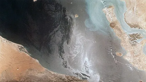 Satellite view of the Strait of Hormuz between Iran and the Musandam peninsula