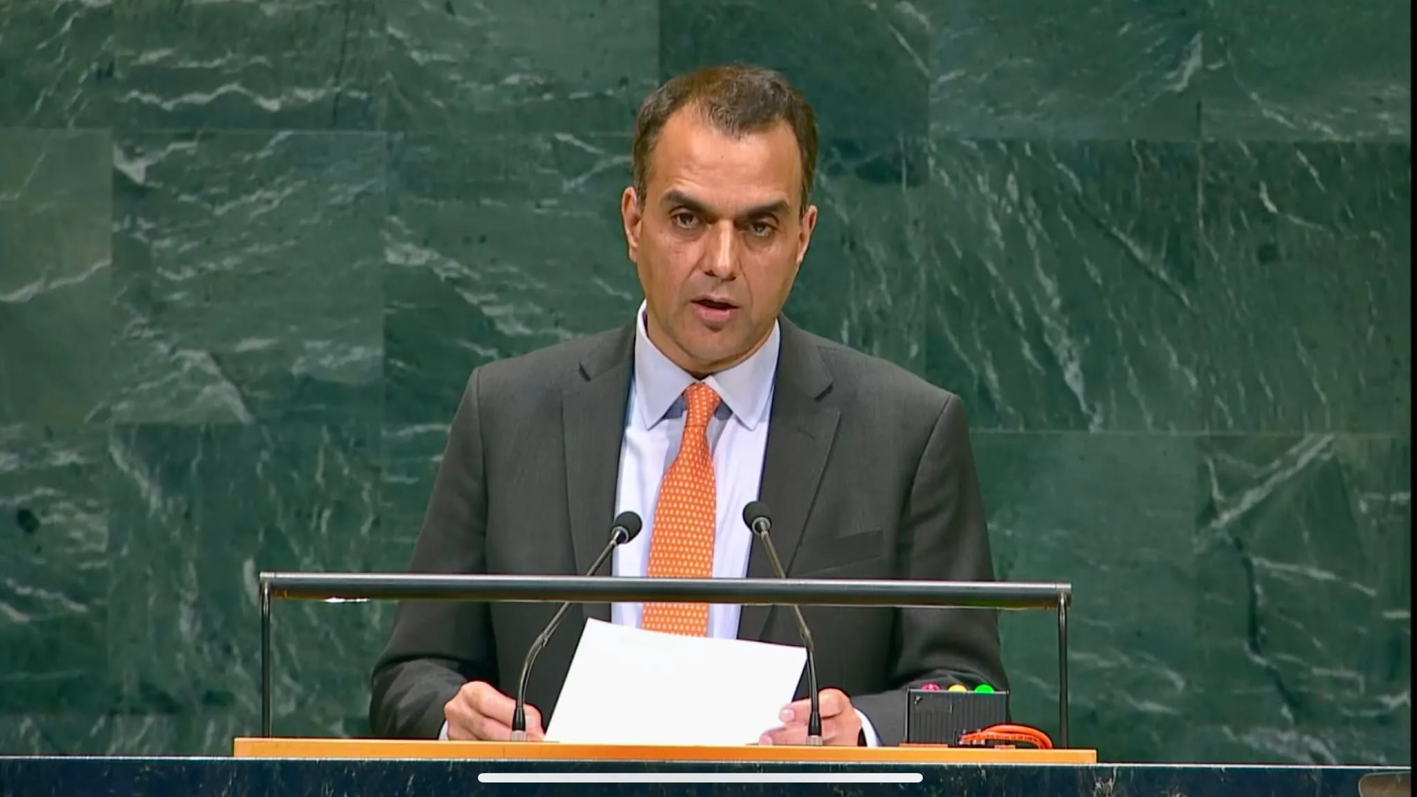 Ambassador Usman Jadoon speaking at a podium at the United Nations