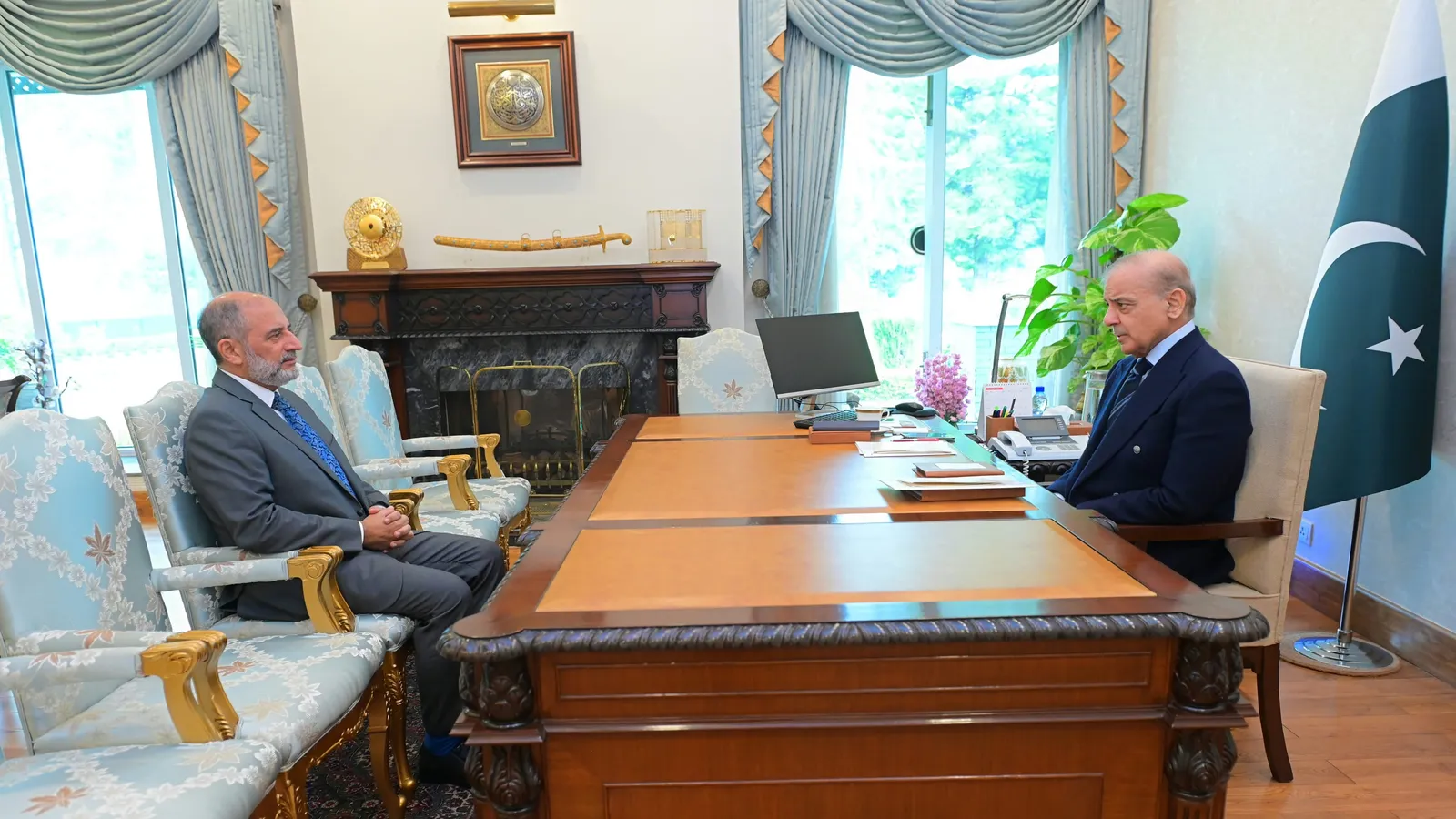 Prime Minister Shehbaz Sharif meets Lt Gen (retd) Nauman Mahmood in his office