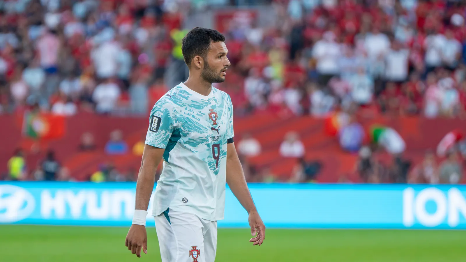 Portugal striker Goncalo Ramos in Portugal's white away kit
