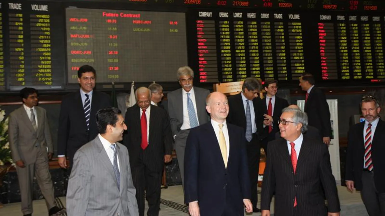 The trading floor of the Karachi stock exchange with its electronic boards