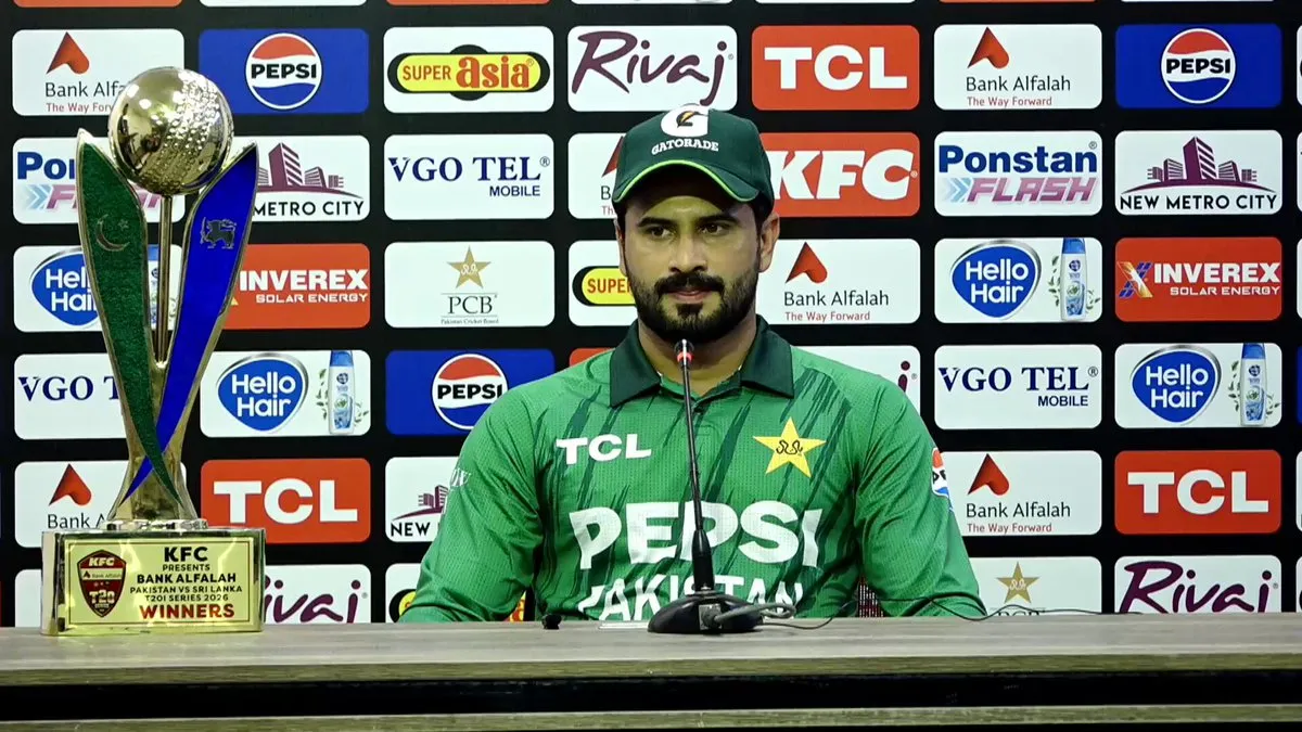 Pakistan T20I captain Sahibzada Farhan at a press conference with the series trophy