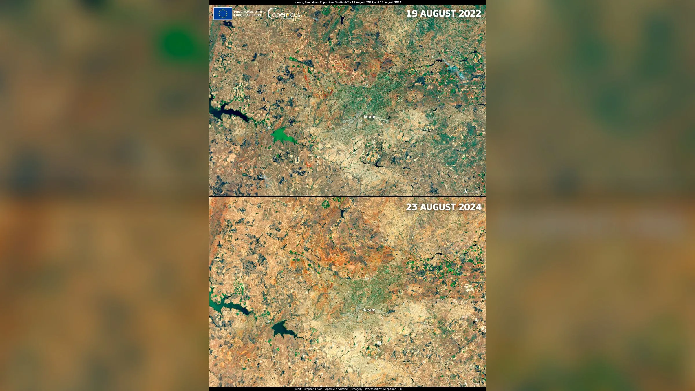Satellite images comparing green farmland in one year with dry brown land after drought