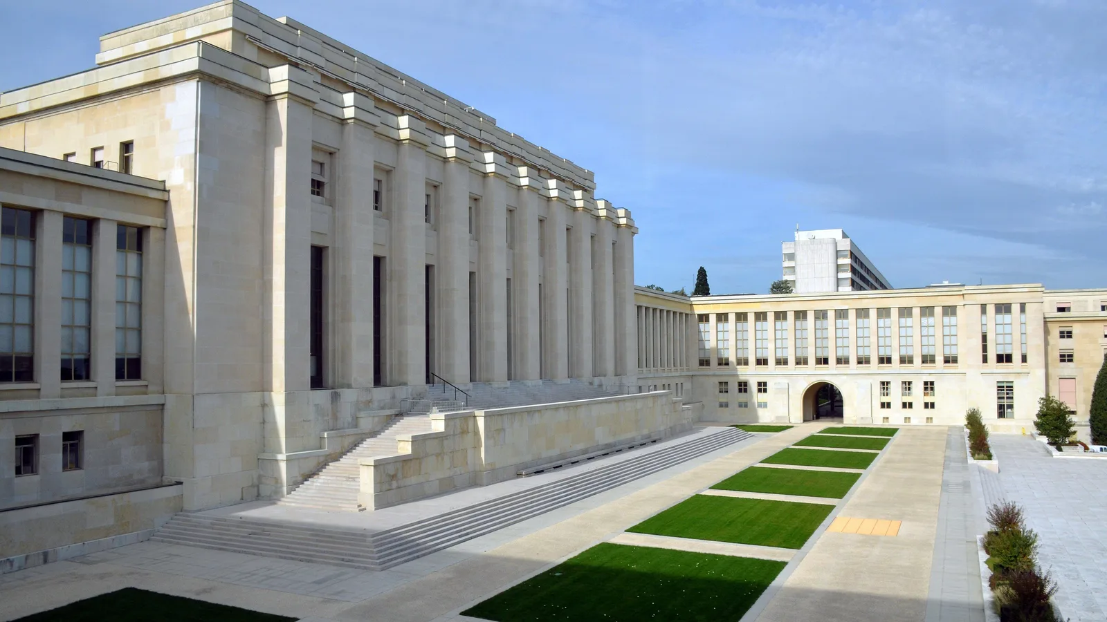 The Palais des Nations, the United Nations building in Geneva, with its columns and lawns